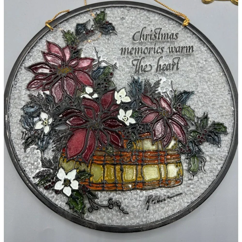 Vtg 8 Pc Christmas Stained Glass Ornaments Snowman Angel Santa‎ Wreath